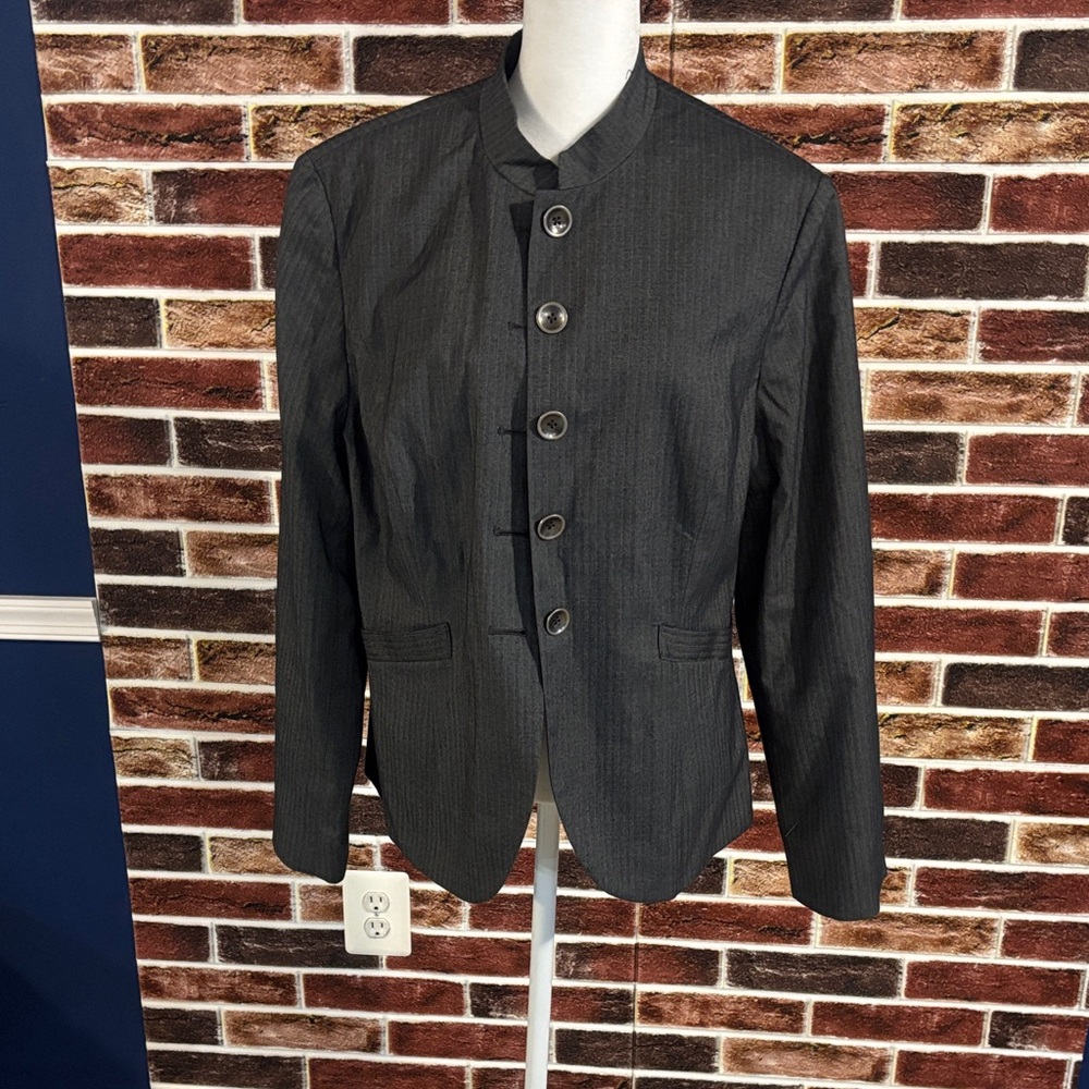 Dark Grey Button-Up Suit with Pin Stripes.